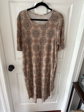 Neutral Taupe Printed Midi Dress with Short Sleeves